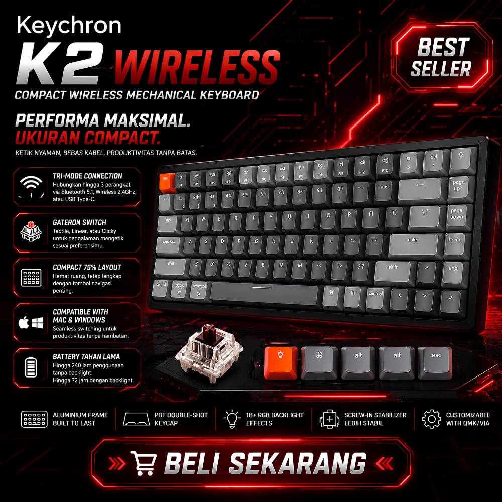 Keychron K2 Mechanical Keyboard Wireless Bluetooth Hotswap RGB Original