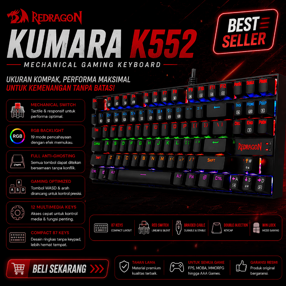Redragon Kumara K552 Mechanical Gaming Keyboard TKL Original