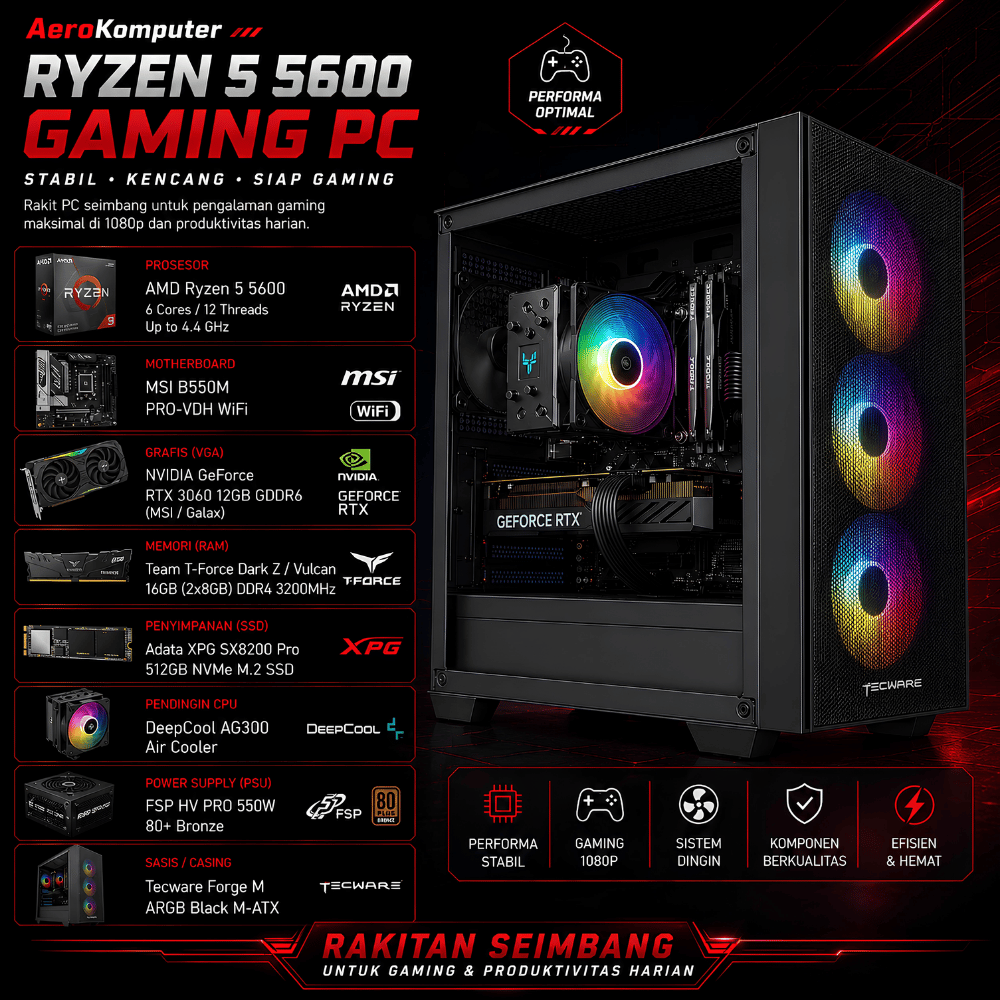 PC Gaming Rakitan AMD Ryzen 5 5600 RTX 3060 12GB DDR4 16GB 512GB SSD Garansi Resmi