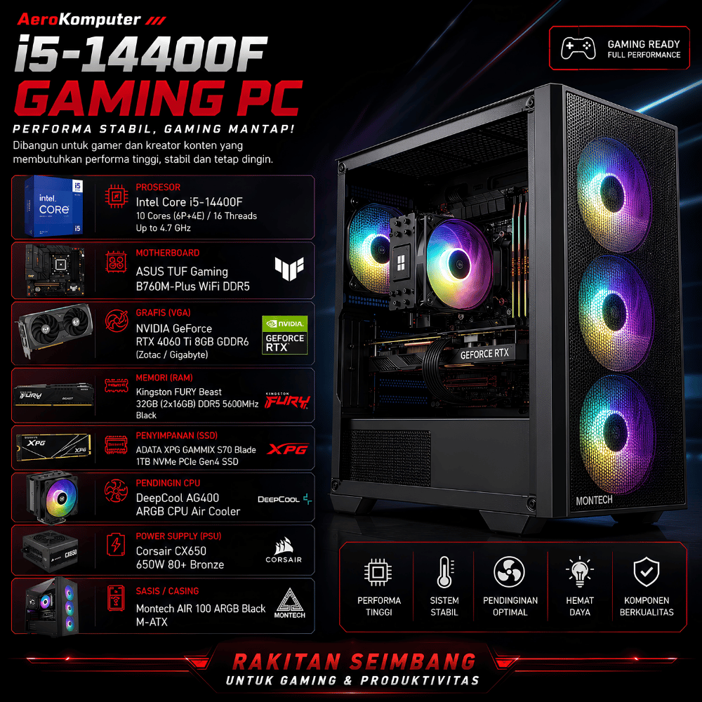PC Gaming Rakitan Intel Core i5 14400F RTX 4060 Ti 8GB 32GB DDR5 1TB SSD Garansi Resmi