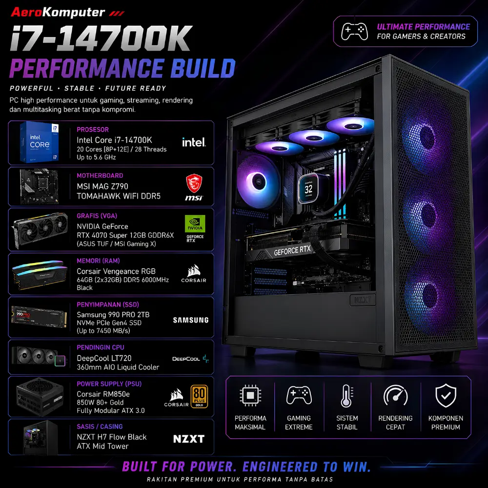 PC Workstation Rakitan Intel Core i7 14700K RTX 4070 Super 12GB 64GB DDR5 2TB SSD Garansi Resmi